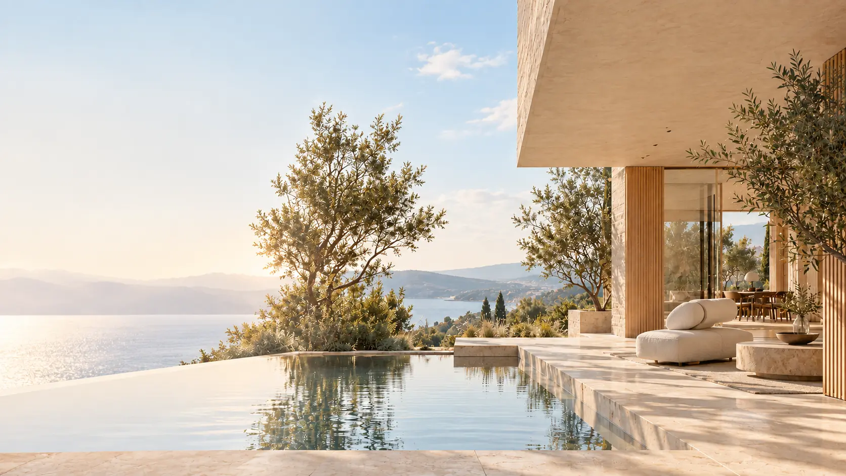 A calm wellbeing residence shaped by natural light, water and material