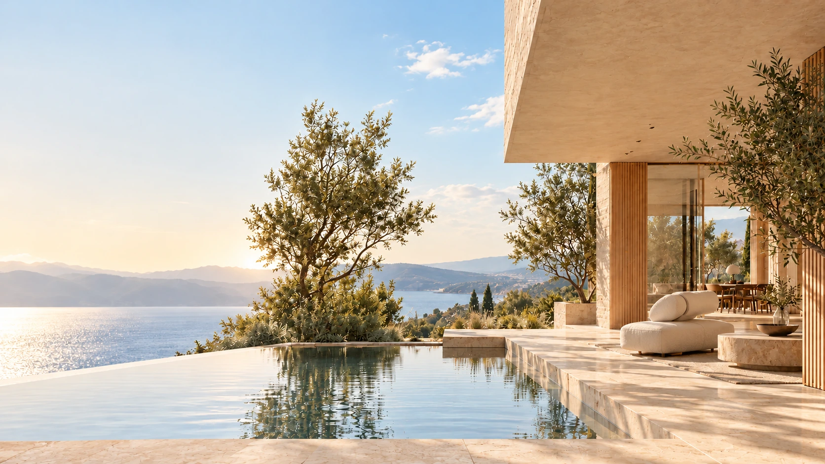 A calm wellbeing residence shaped by natural light, water and material