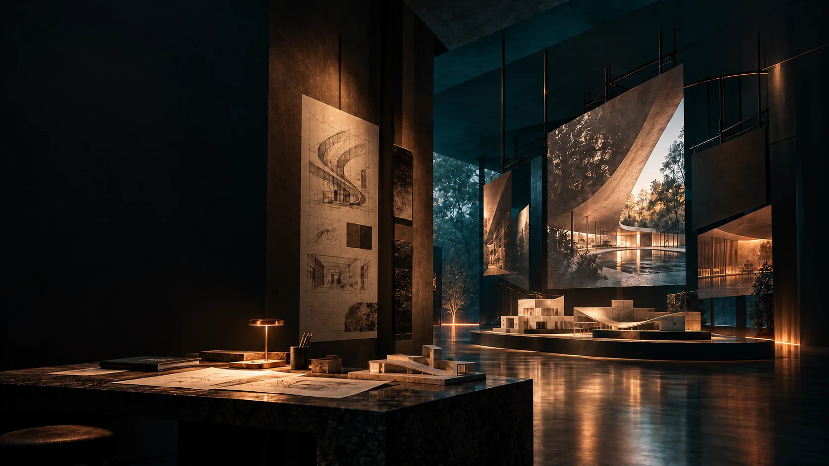 An architectural design studio with models and visual studies