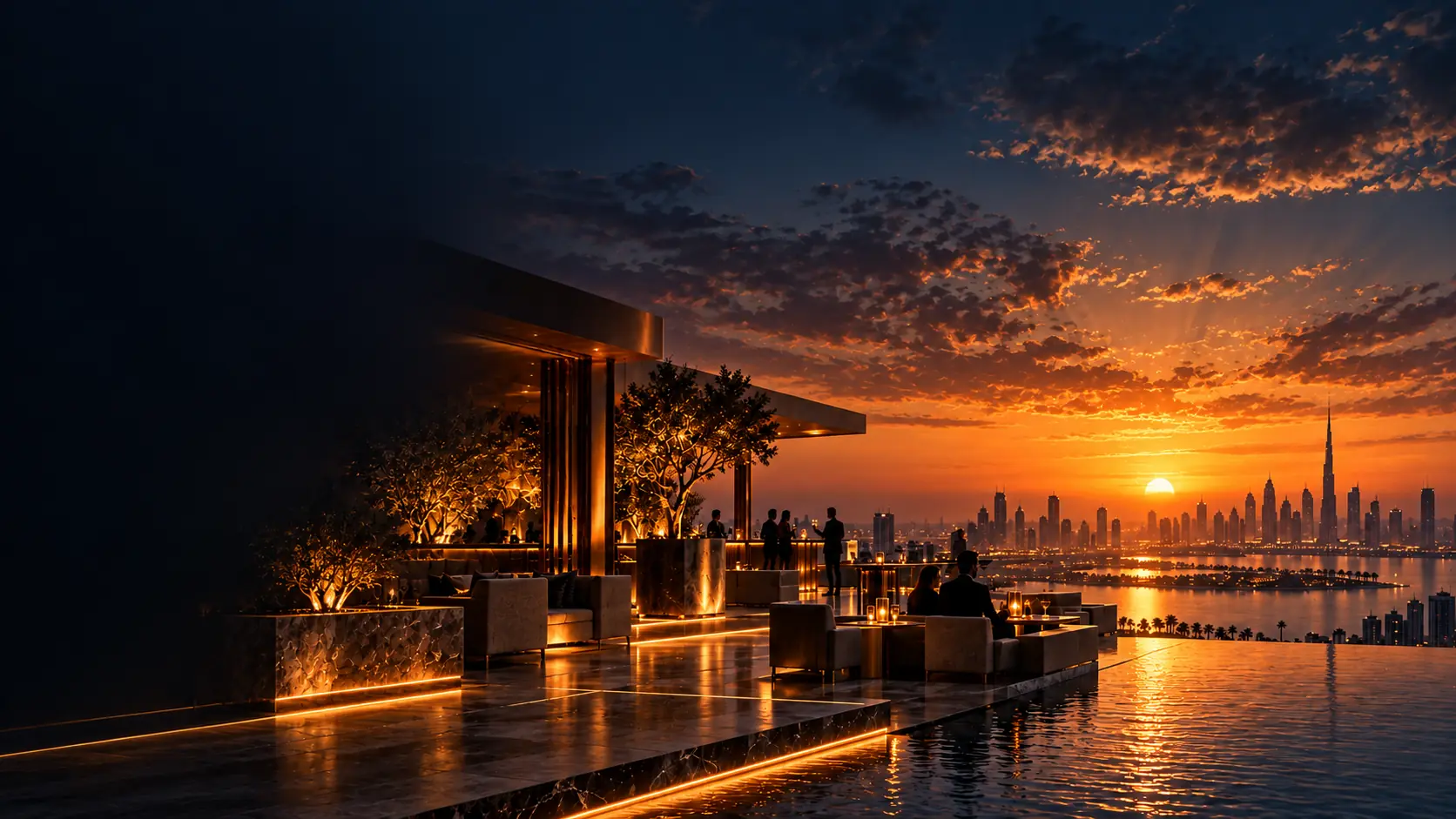 An elevated rooftop hospitality setting at golden hour