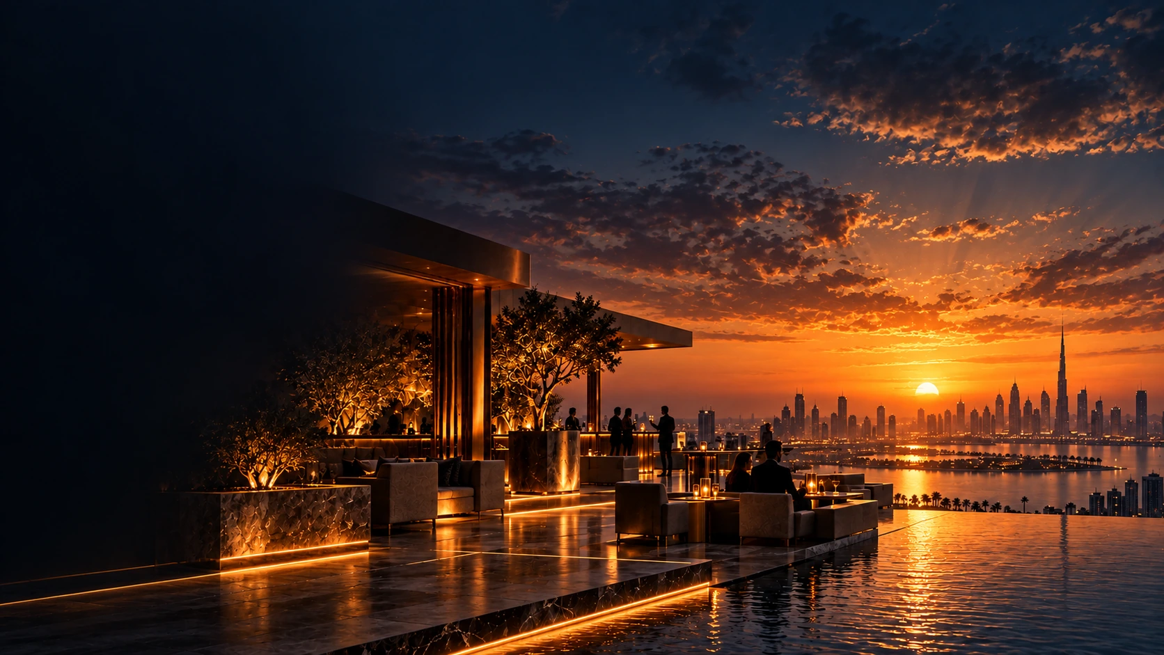 An elevated rooftop hospitality setting at golden hour